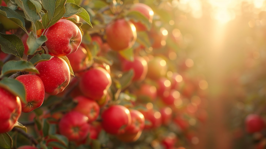 Des pommes sur un pommier, qui ont été traitées contre les chenilles
